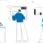 An illustration showcasing an employee in a wheelchair working at a desk, an employee using digital tools, and an employee accessing training programs.